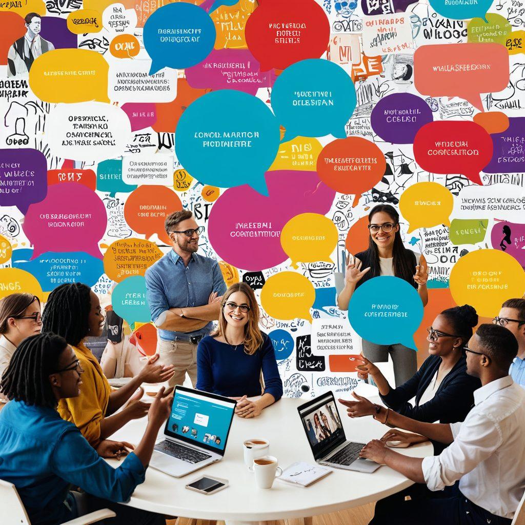 A vibrant digital collage depicting diverse individuals engaging in discussions on a virtual discussion board, surrounded by floating user-generated content like images and text. The scene captures a sense of community and collaboration, with bright colors and dynamic shapes symbolizing ideas. Include elements like speech bubbles and thumbs-up icons to showcase interaction. digital art. bright colors. modern style.