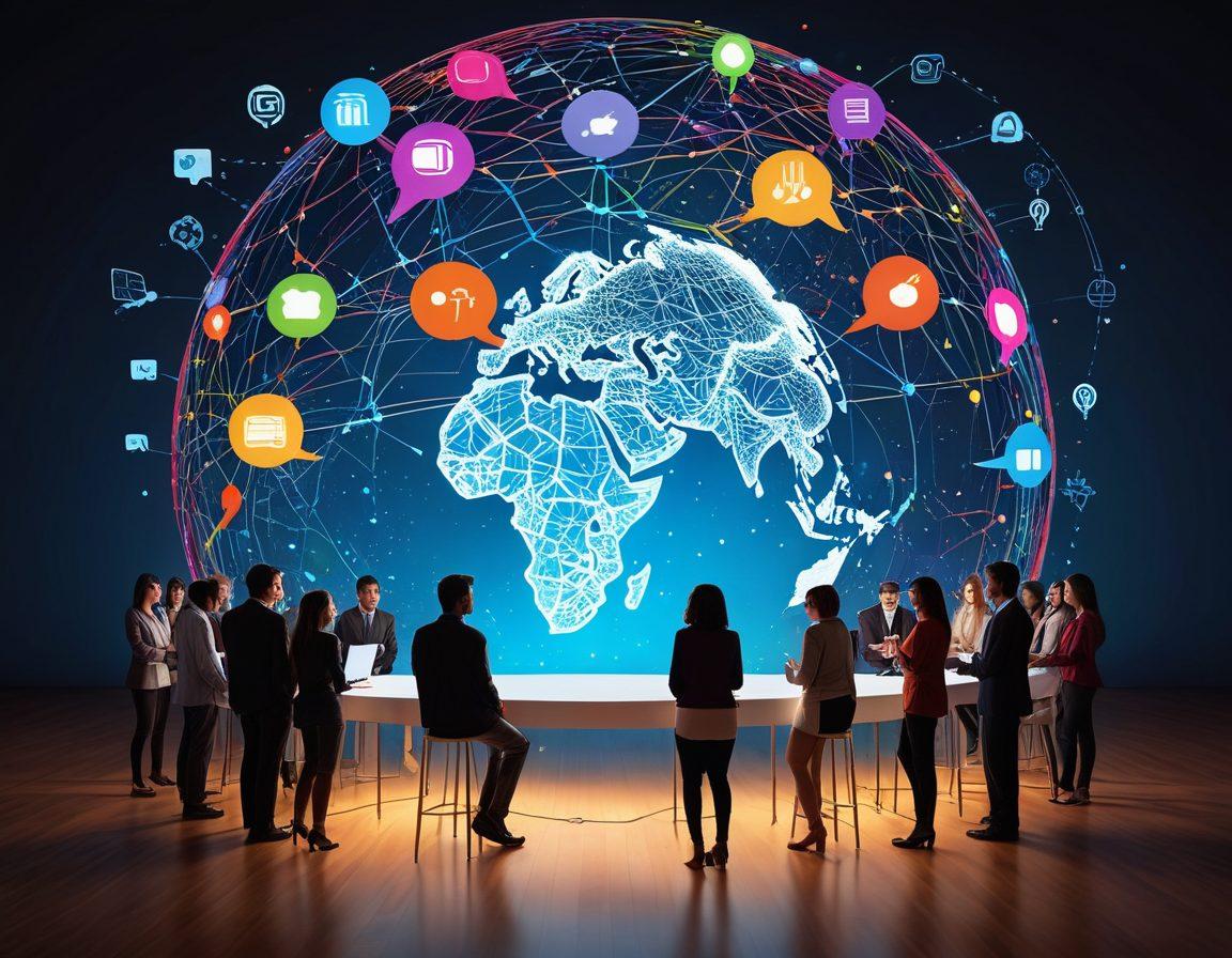 A vibrant digital collage depicting diverse people engaging in an online forum, animated speech bubbles representing their ideas and knowledge sharing, interconnected threads symbolizing connections, and a backdrop of a glowing globe to signify global interaction. super-realistic. vibrant colors. modern style.