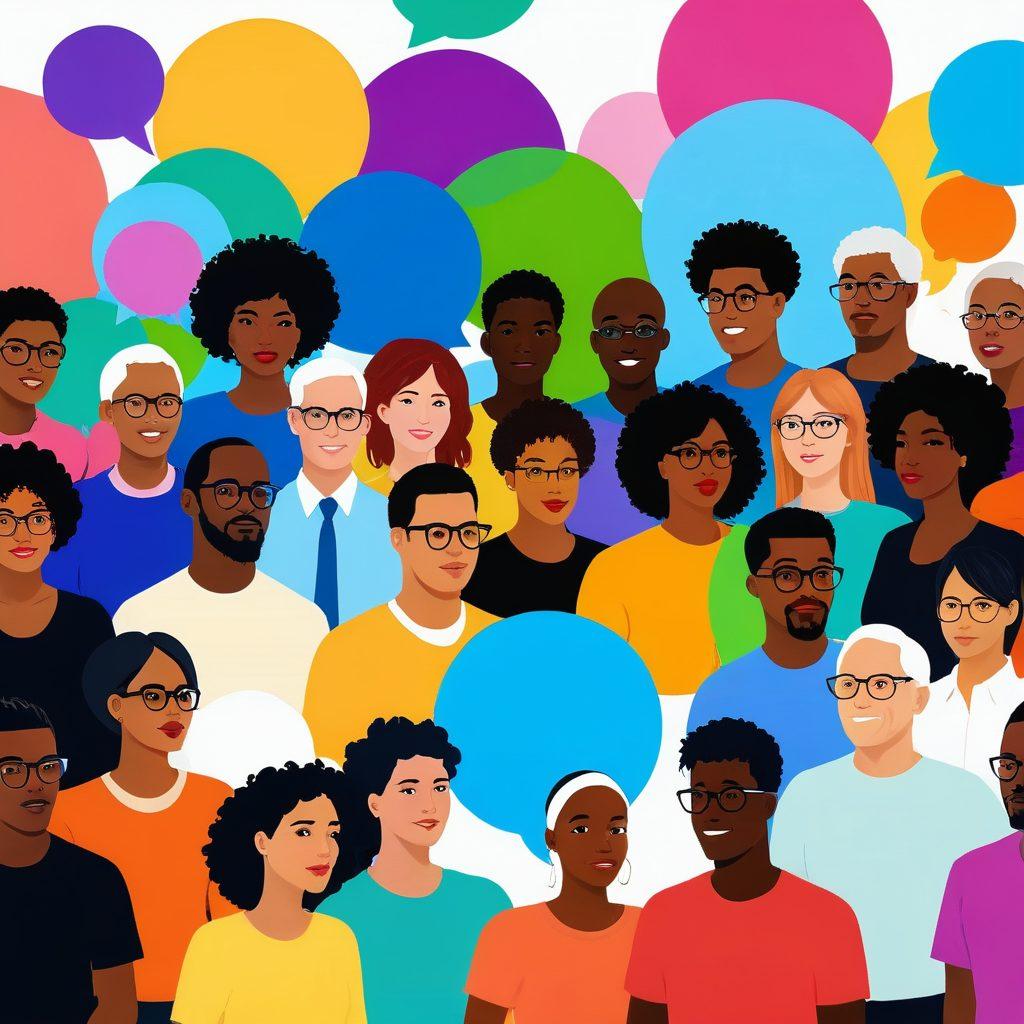 A diverse group of individuals engaged in an animated online discussion, surrounded by colorful thought bubbles representing user-generated content like reviews, photos, and videos. Include a glowing globe to symbolize global interaction, emphasizing empowerment and community. Bright, engaging colors to reflect the dynamism of online communication. super-realistic. vibrant colors. white background.